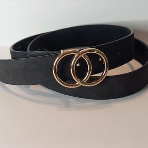 Womens Black Leather Belt Double Circle Gold Tone Buckle 1" x 39" M/L